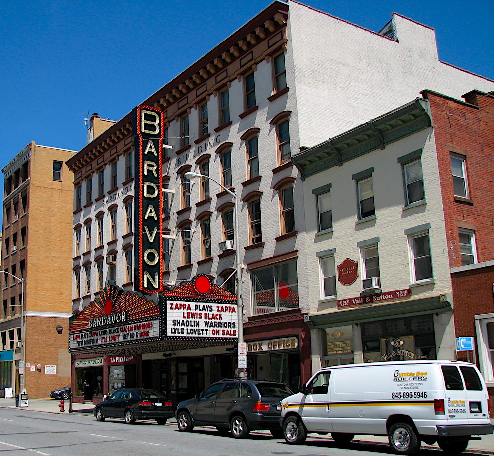 The outer facade of the Bardavon Opera house with its rows of windows and its large signs. Catching a show here is one of fun things to do in Poughkeepsie NY.