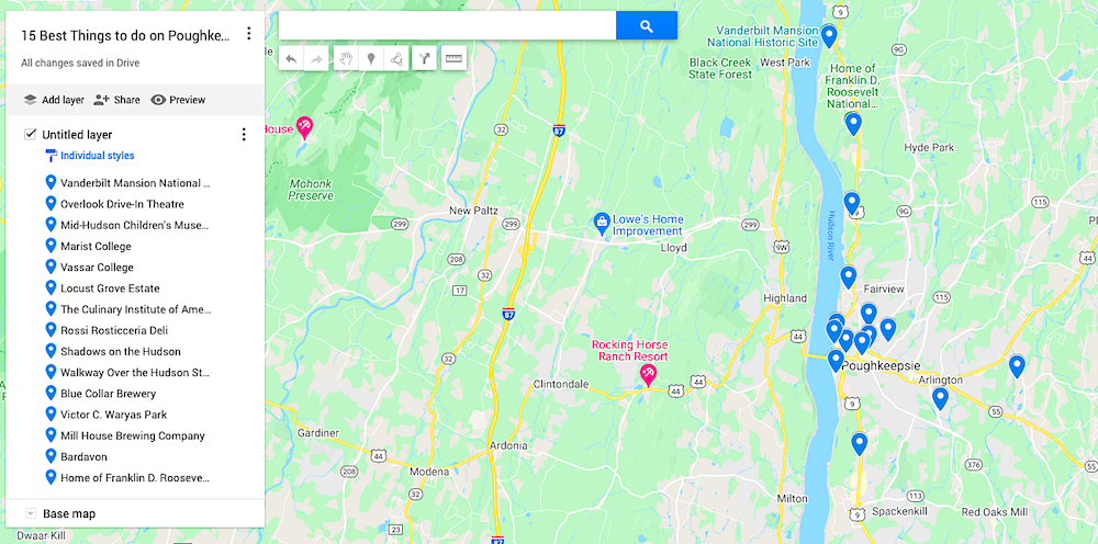 Map of the best things to do in Poughkeepsie NY