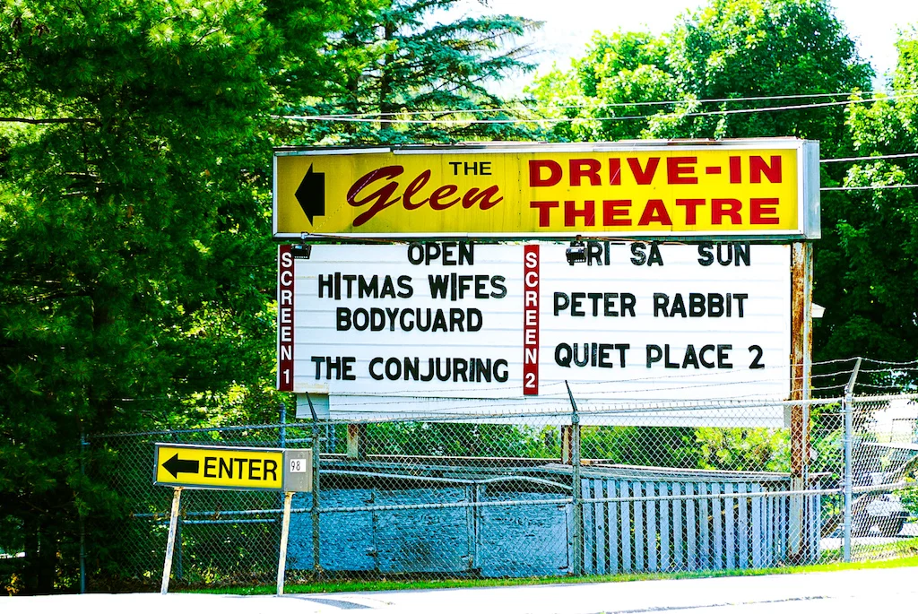 Sign in front of the Glen Drive in Theatre. Catching a show here is one of the popular things to do in Lake George.