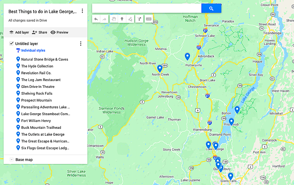 Map of the best things to do in Lake George NY