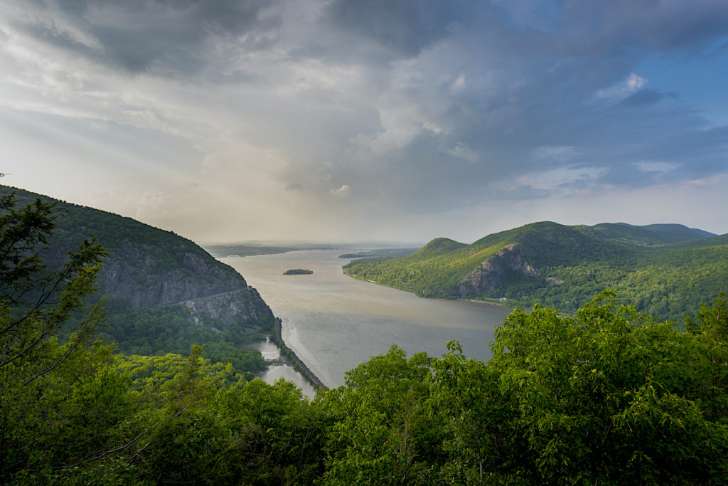 North View through the Hudson Highlands up the Hudson River with Newburgh Bay in the Distance, and Storm King Mountain on the left, and Breakneck Ridge on the right