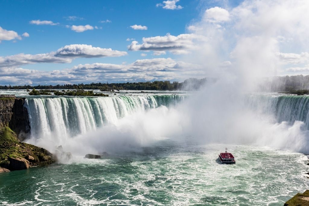 An aerial view of Niagara Falls and the Maid of the mist.