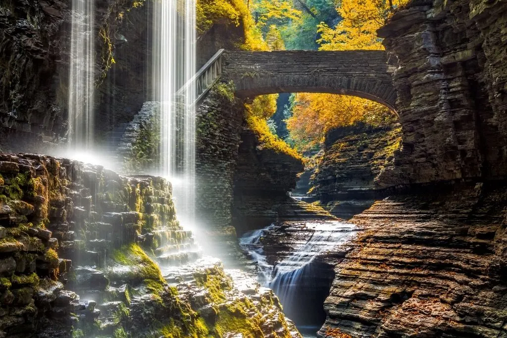 Fall foliage surrounding Watkins Glen with waterfalls is one of the cool sights you will se on your hikes in Finger Lakes NY