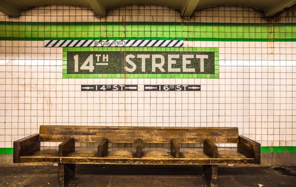 Sign for the 14th Street subway station in New York City. 