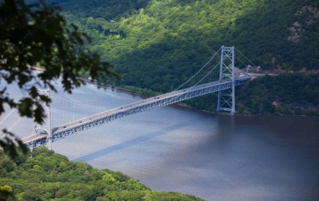 Aerial view of the Bear Mountain Bridge from Anthony's Nose