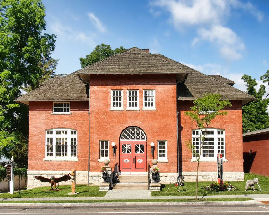 The brick exterior of the Aurora Arts and Design Center in Aurora, New York.