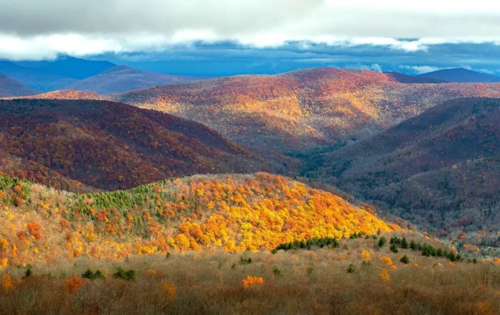 Panoramic view of vibrant fall foliage in the Catskills