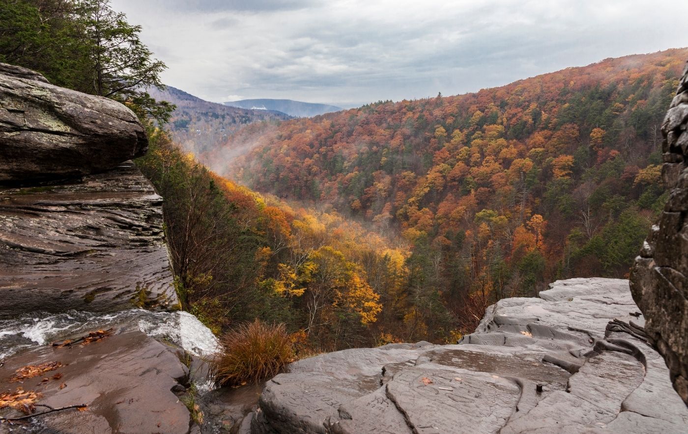 View of the Catskills through a mountain ledge in the fall. 