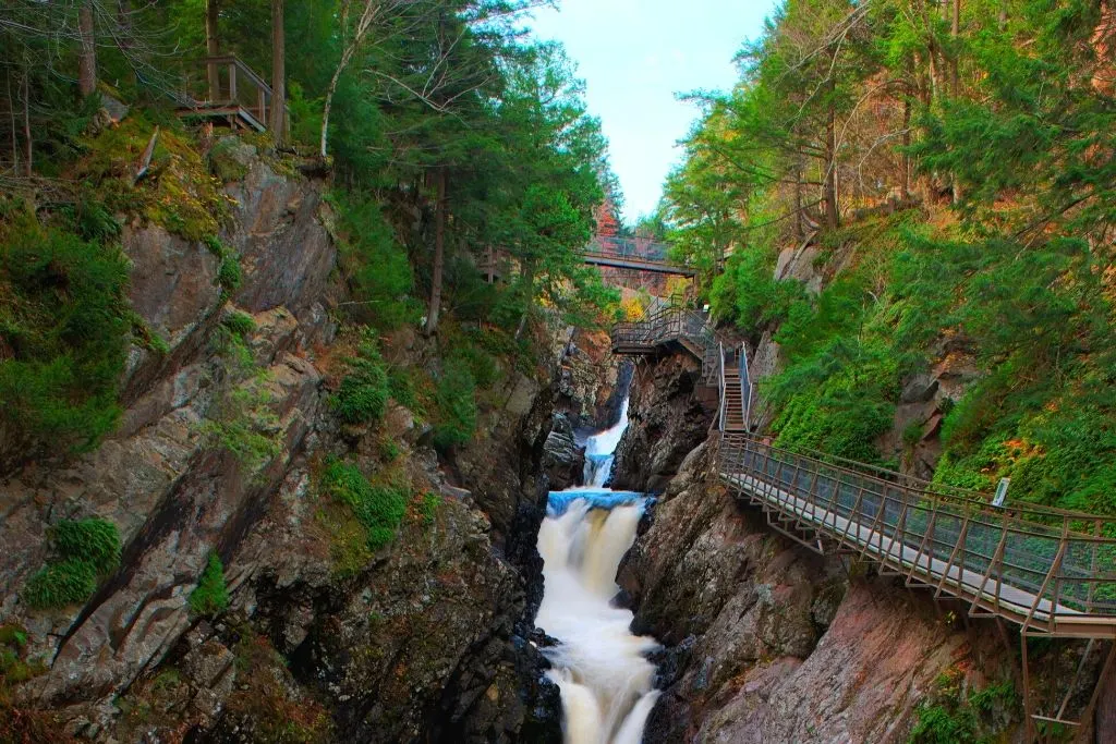 View of the aerial walkways along High Falls Gorge in Lake Placid, NY