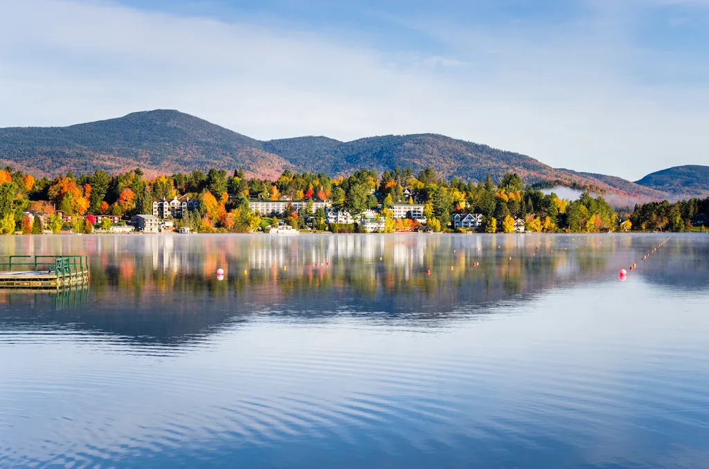 View of Mirror Lake in the fall in Lake Placid. 