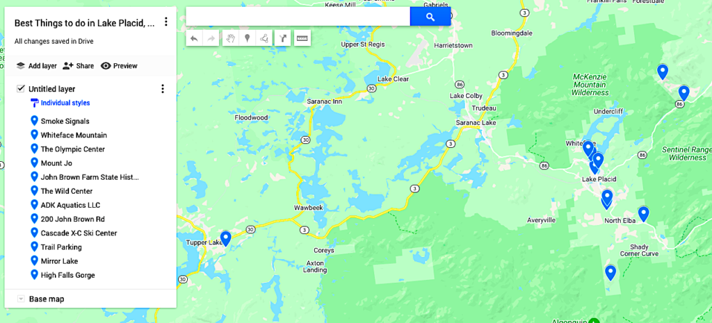 Map of the best things to do in Lake Placid NY