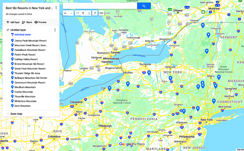 Map of the best ski resorts in New York and the best ski resorts near NYC. 