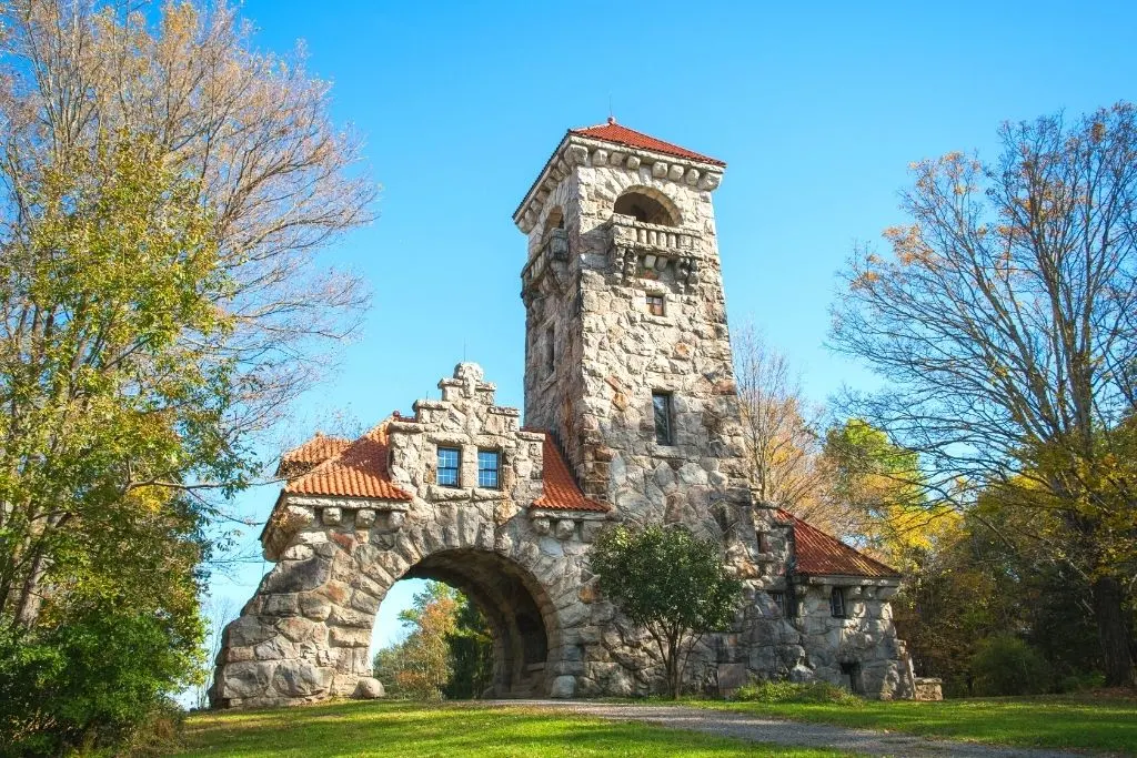 The elaborate stone facade of the historic Mohonk Testimonial Gateway, one of the best things to do in New Paltz, NY. 