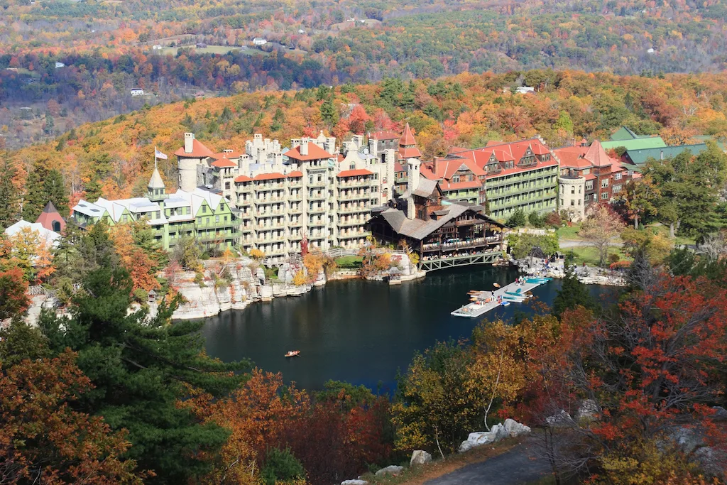 Aerial view of the Mohonk Mountain house surrounded by fall foliage in New Paltz, New York. 