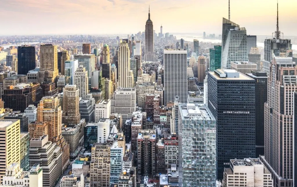 Aerial view of the New York City skyline and the Empire State Building. 