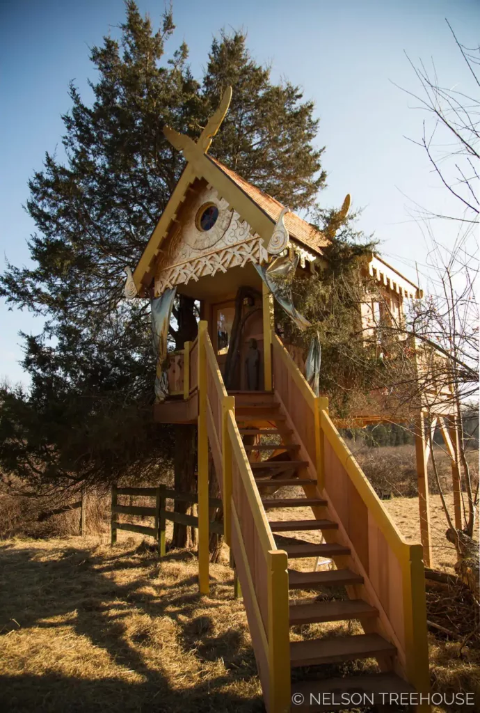 The exterior of the Spirit House Treehouse in the Hudson Valley. 