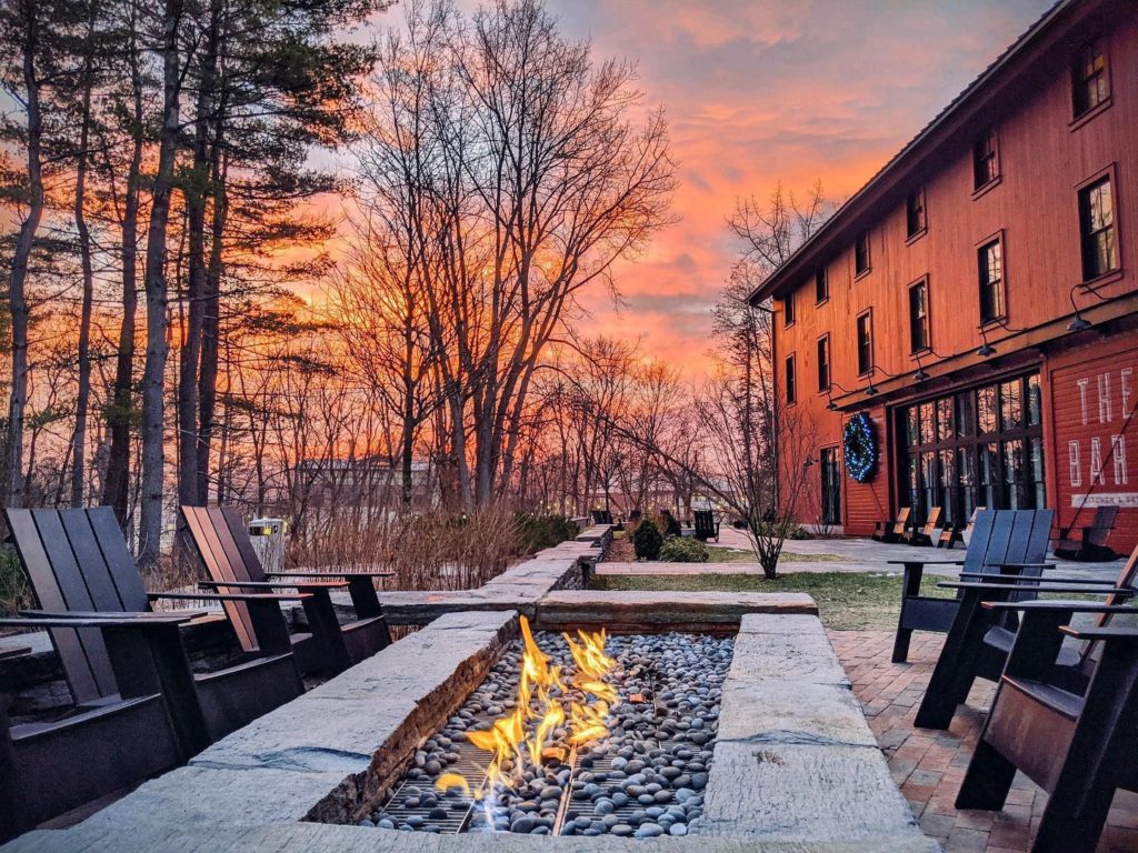 Sunrise and an outdoor fire at the Williams INn. 