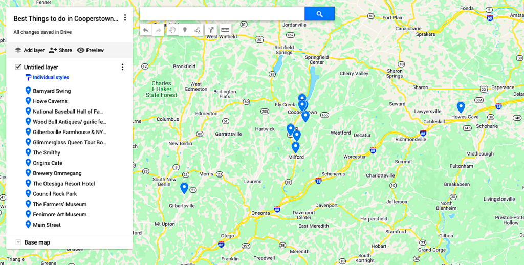 Map of the best things to do in Cooperstown NY. 