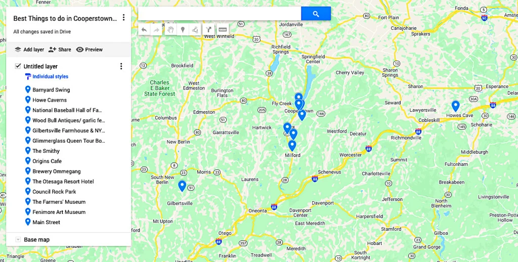 Map of the best things to do in Cooperstown NY. 