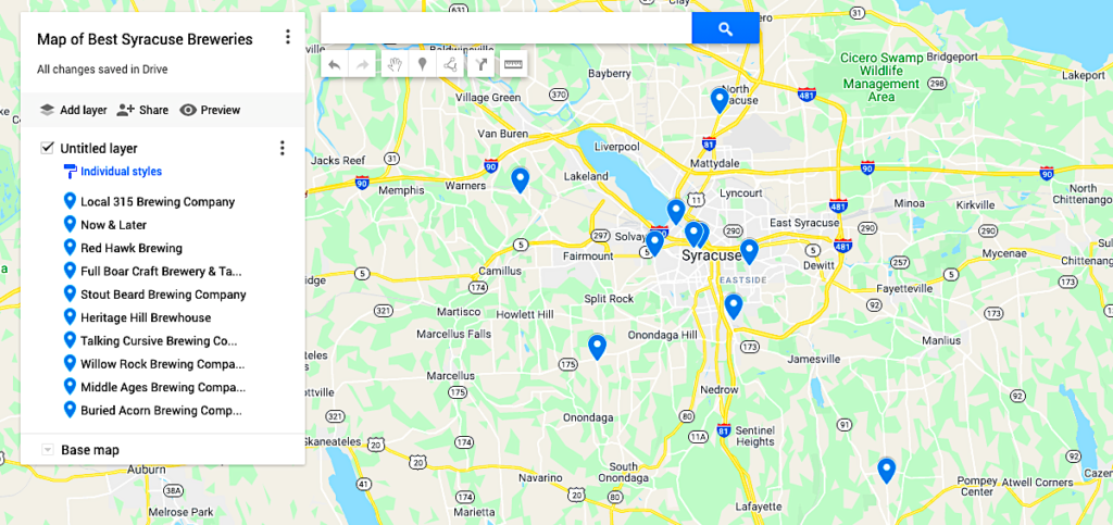 Map of the best Syracuse breweries.
