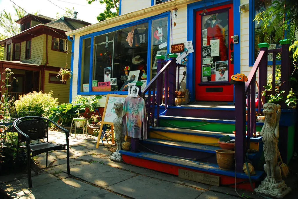 The exterior of a colorful vintage shop in downtown New York which is a great place to shop and is one of the cool things to do in  Woodstock.