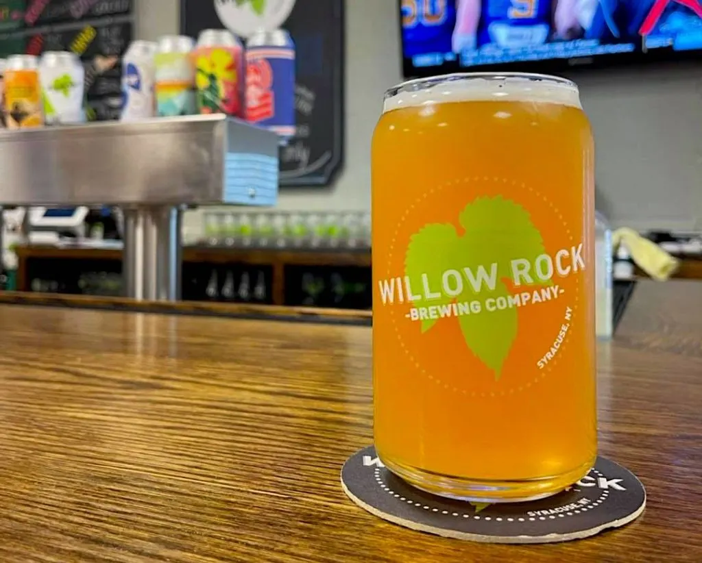 Light beer in a glass on the bar at Willow Rock Brewing Company. 