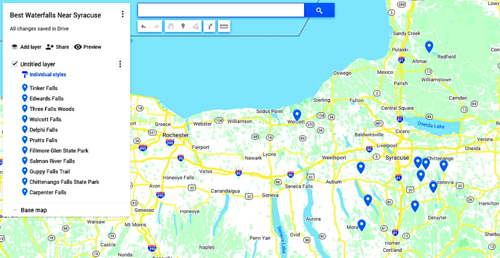 Map of the best waterfalls near Syracuse NY.