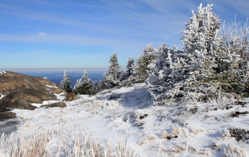 View from the snow-covered summit of  Cascade Mountain, one of the best hiking trails in the Adirondacks. 