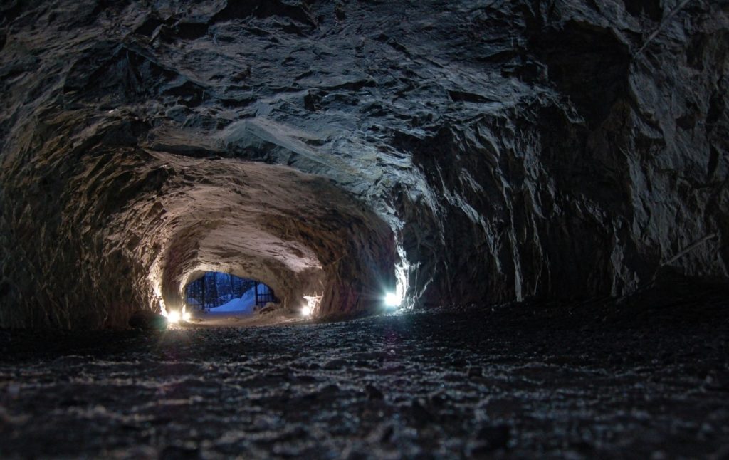 The Interior of a cave in New York all lit up. 