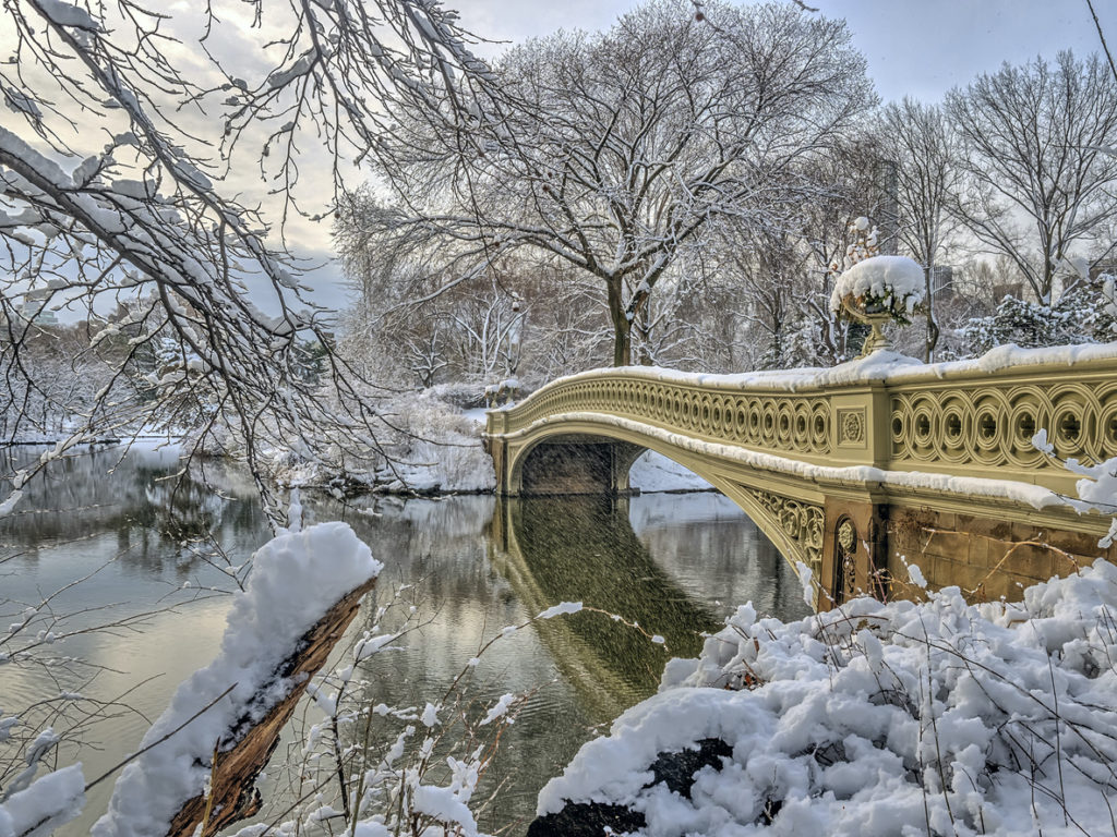 View of a bridge covered in snow in central park in the winter. 
