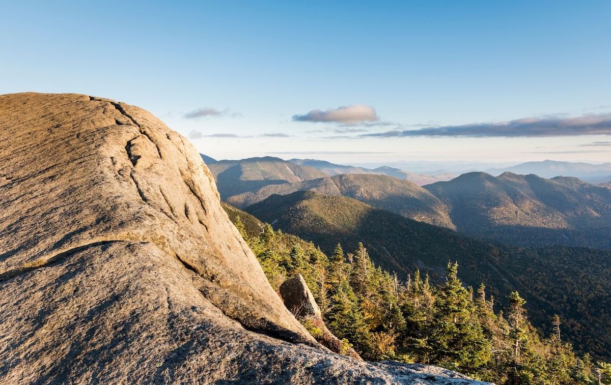 View along a cliff from the summit of Gothics Mountain. 