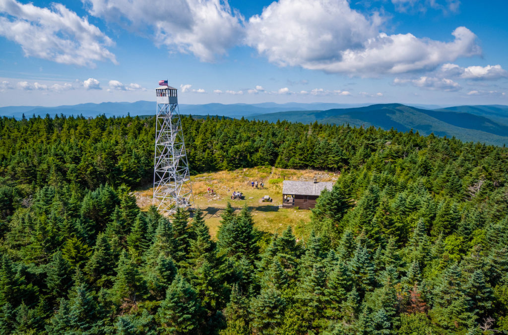 Aerial view of the Hunter Mountain fire tower and one of the best hikes in the Catskills. 