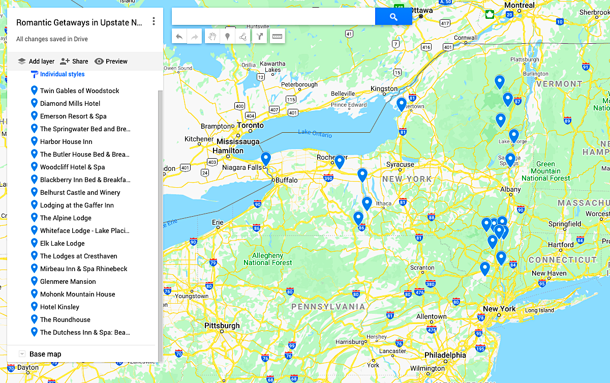 Map of the Best Romantic Getaways in Upstate New York. 