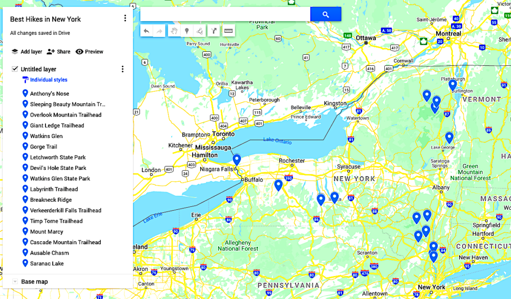 Map of the best hikes in New York state, 