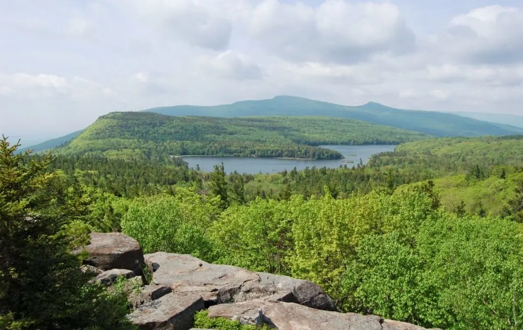 Aerial view of North/South Lake in the Catskills and one of the best hiking trails in the Catskills. 