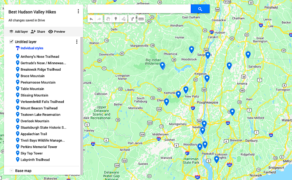 Map of the best Hudson Valley hikes. 