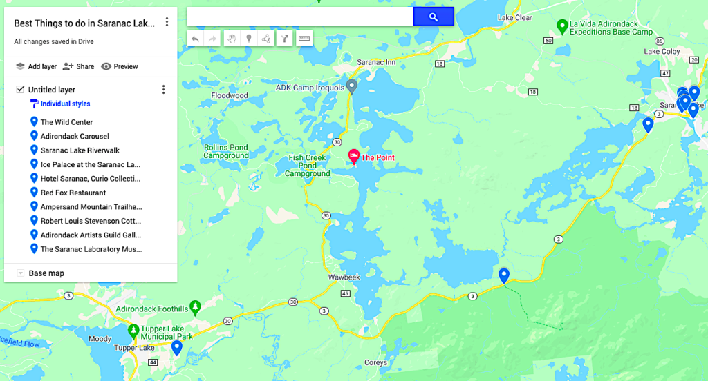 Map of the best things to do in Saranac Lake NY. 