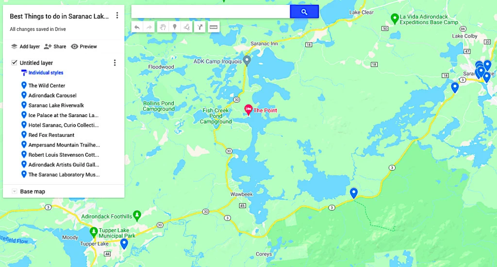 Map of the best things to do in Saranac Lake NY. 