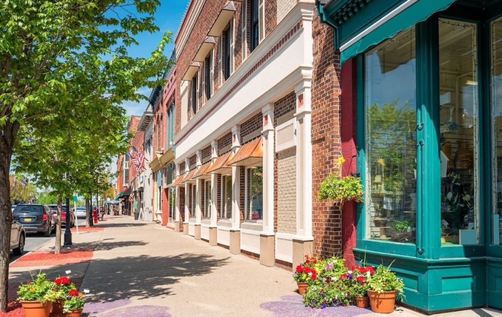 Vibrant store fronts in the downtown area of a small town in the Finger Lakes NY. 