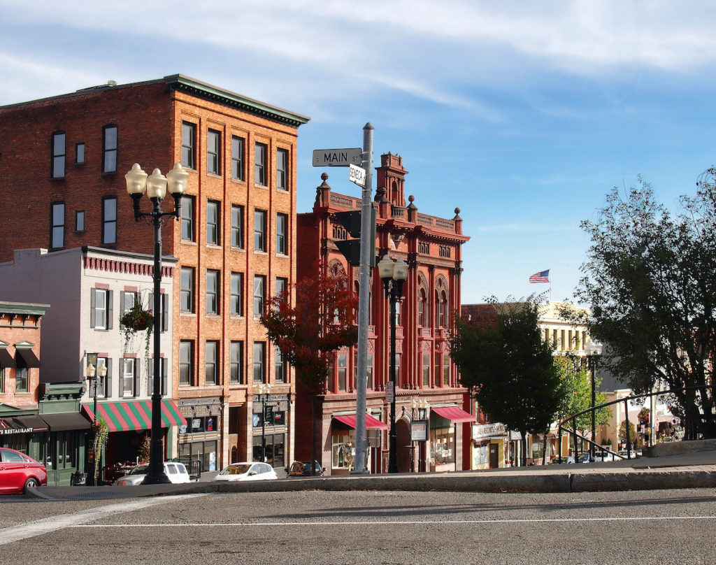 View of the historic brick buildings that line the streets of Jamestown, NY. 