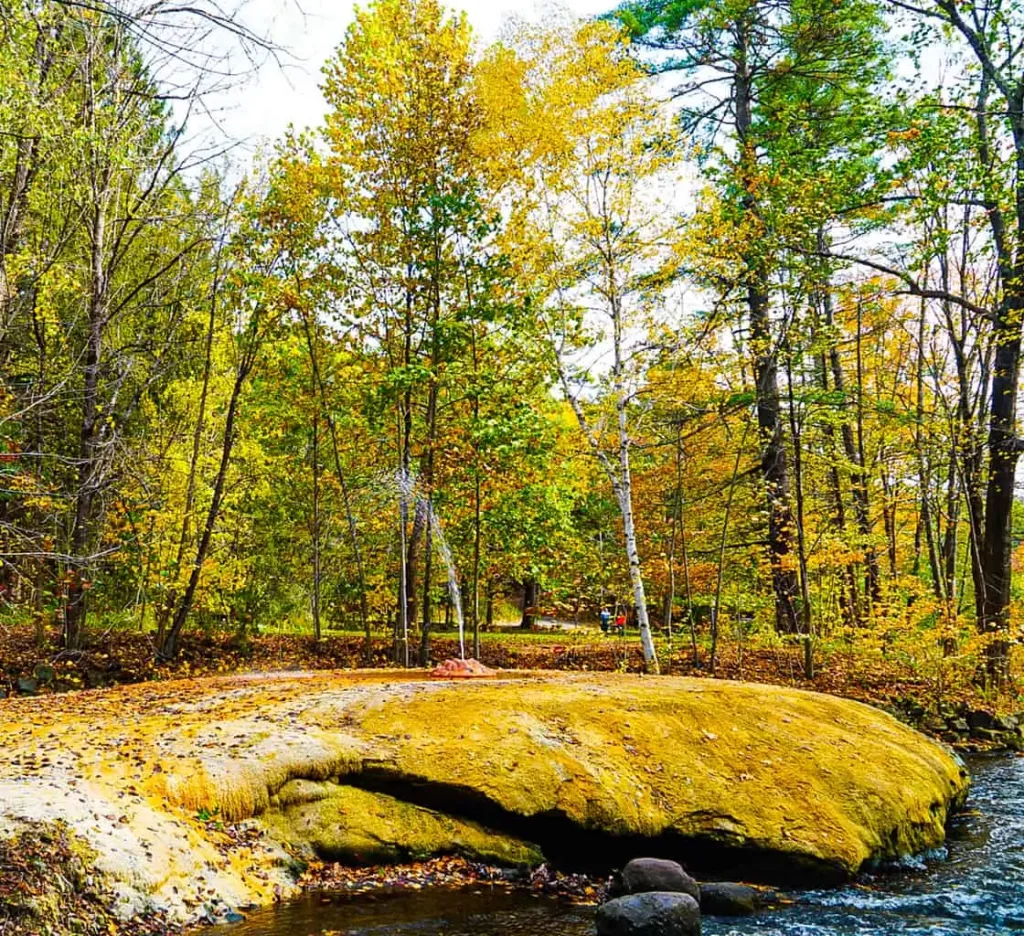 Geyser Island Spouter in Saratoga Spa State Park with the autumn foliage and mossy rocks is one of the best things to do in Saratoga Springs NY. 