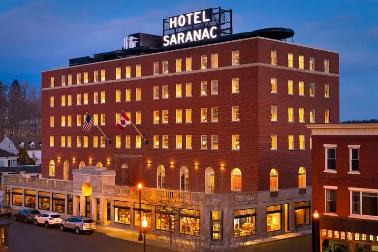 Brick exterior of Hotel Saranac in Saranac Lake NY.
