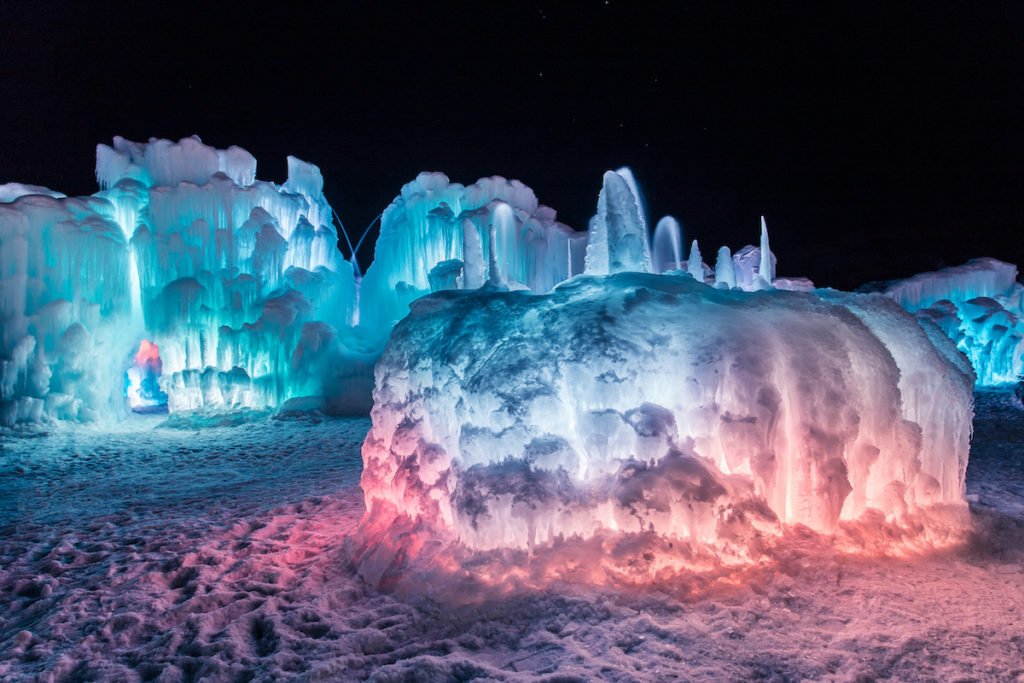 View od the ice castles in Lake George all lit up in the evening. 