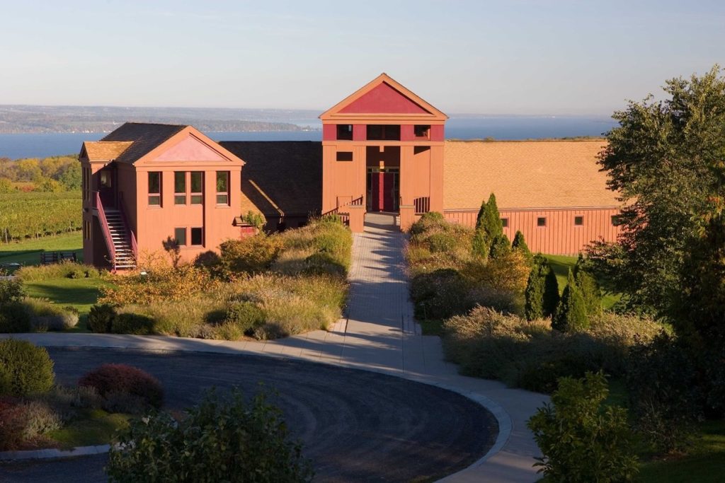 The exterior of Lamoreaux Landing with an aerial view of Seneca Lake at one of the top Seneca Lake wineries ever. 