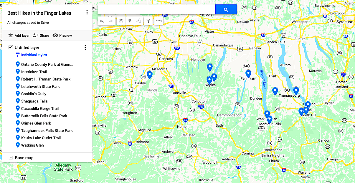 Map of the best hikes in the Finger Lakes.