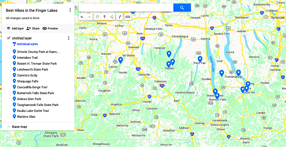 Map of the best hikes in the Finger Lakes. 