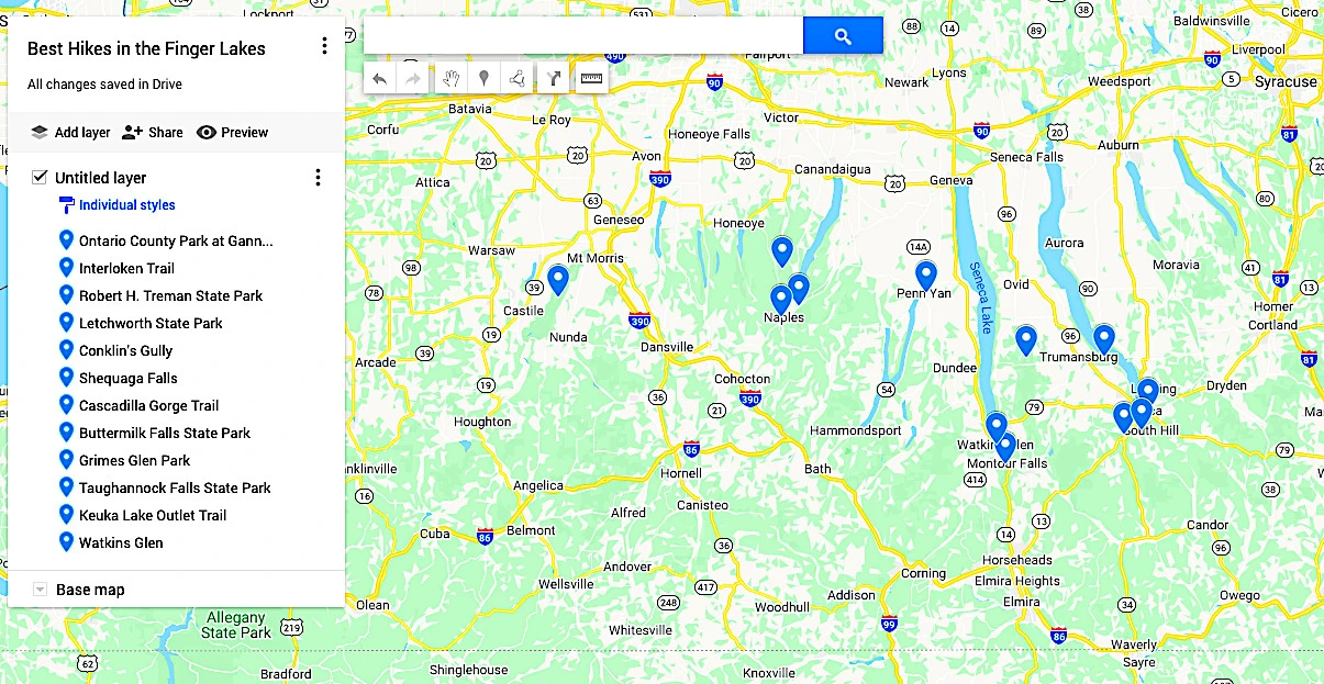 Map of the best hikes in the Finger Lakes. 