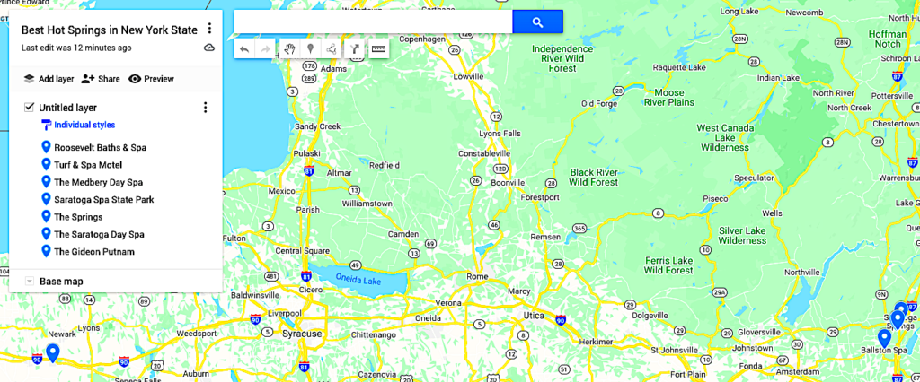 Map of the best hot springs in New York state.