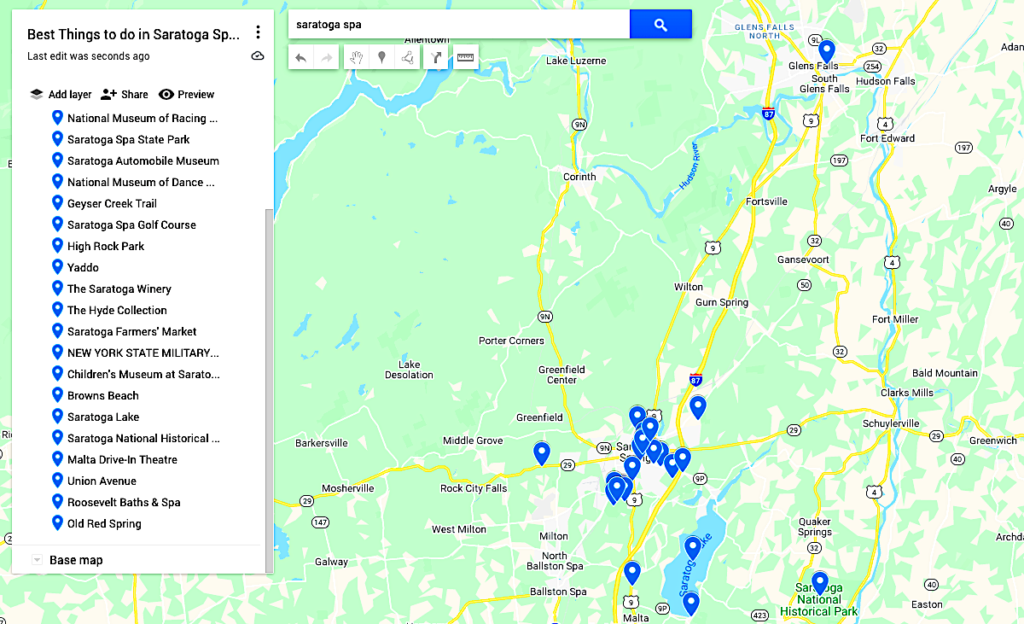 Map of the best things to do in Saratoga Springs NY.