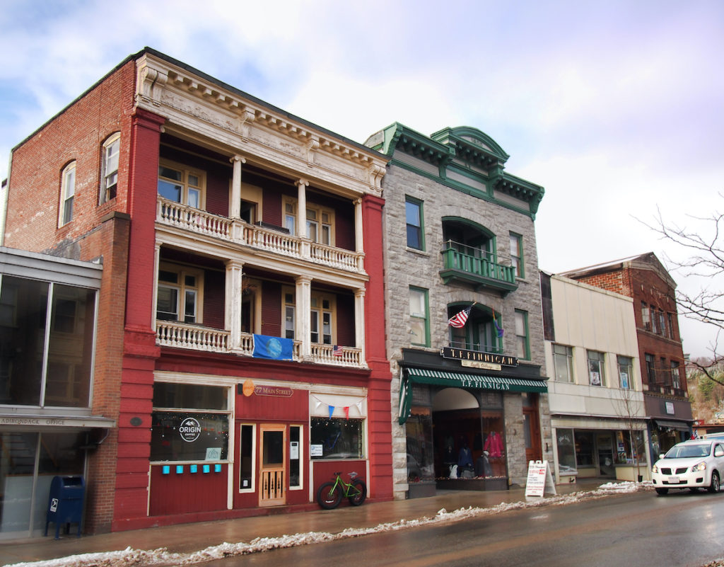 Historic shops in downtown Saranac Lake in the winter. 